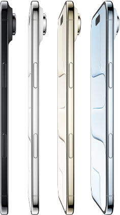 iPhone Air mostrando as laterais nas quatro cores, azul-céu, dourado-claro, branco-nuvem e preto-espacial, o design superfino, o sistema de câmera Fusion, o botão lateral e o Controle da Câmera